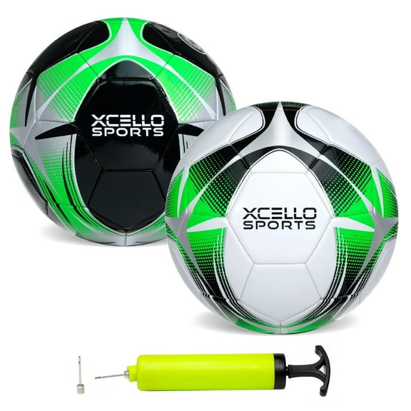 Xcello Sports Soccer Ball (Black/Green/Silver, White/Green/Silver) w/Pump (Size 4, Pack of 2)