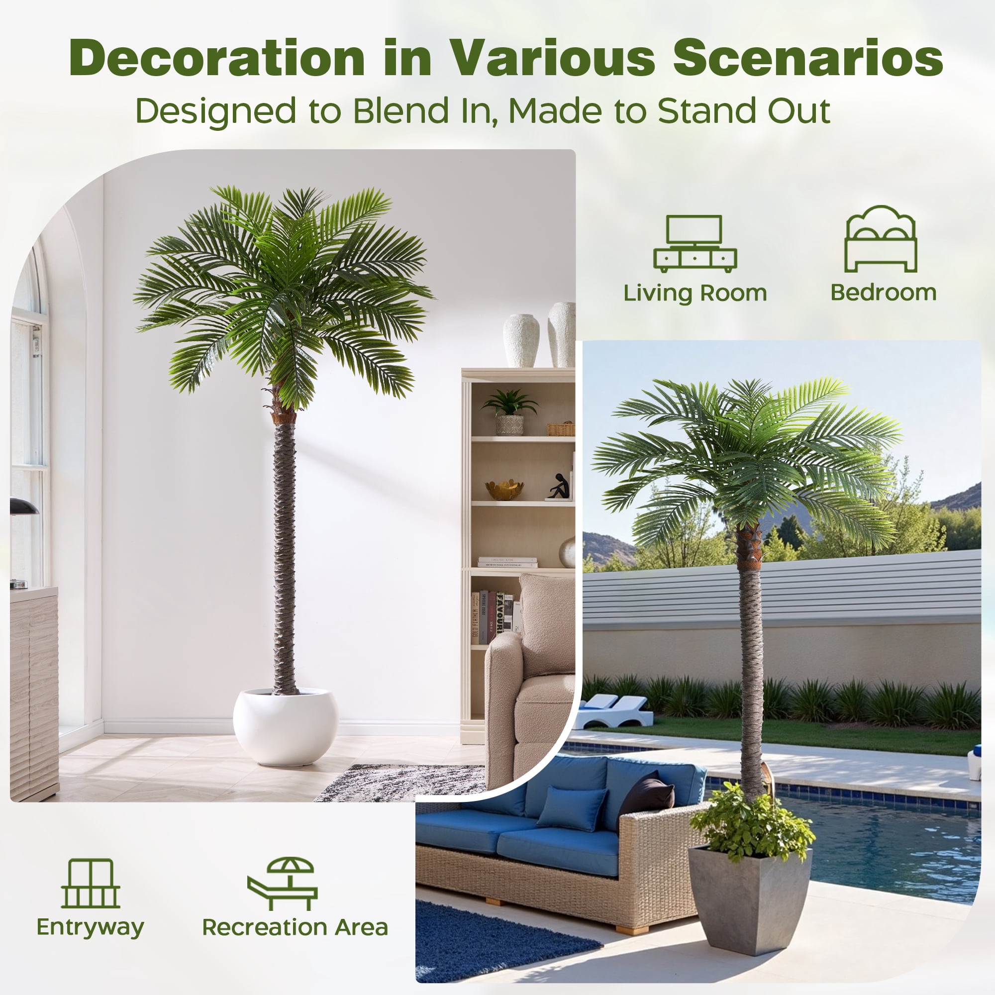8.5FT Artificial Coconut Palm Tree (Set of 2), UV Realistic Faux Sago Palm Plants for Indoor & Outdoor, Large Tropical Fake Trees for Home Office Garden Patio Poolside Decor