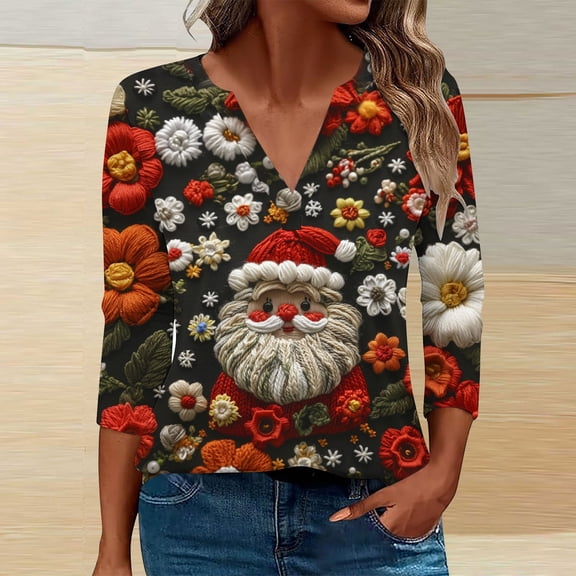 LEKWK Christmas Flannel Shirt Women Xmas Tree V Neck 3/4 Sleeve Tops Women's Christmas Outfit Fashion Ladies Holiday Tops