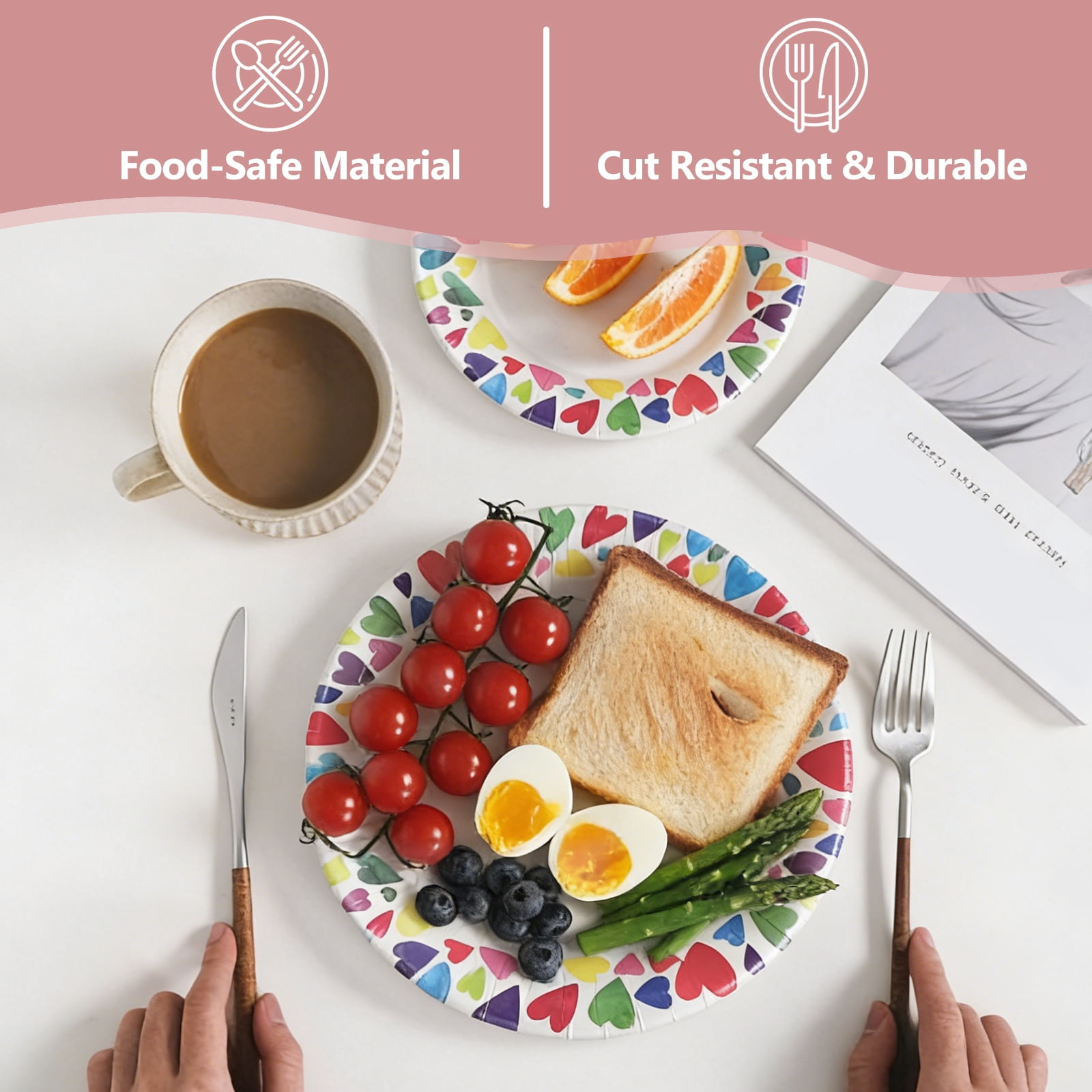 60 Pcs Paper Plates Sets Disposable, 30 Pcs 8.5inch Plates and 30 Pcs 10inch Plates, Compostable Round Multi Color Plates for Party, Valentine's Day, Microwaveable Plates for Dinner and Everyday Use