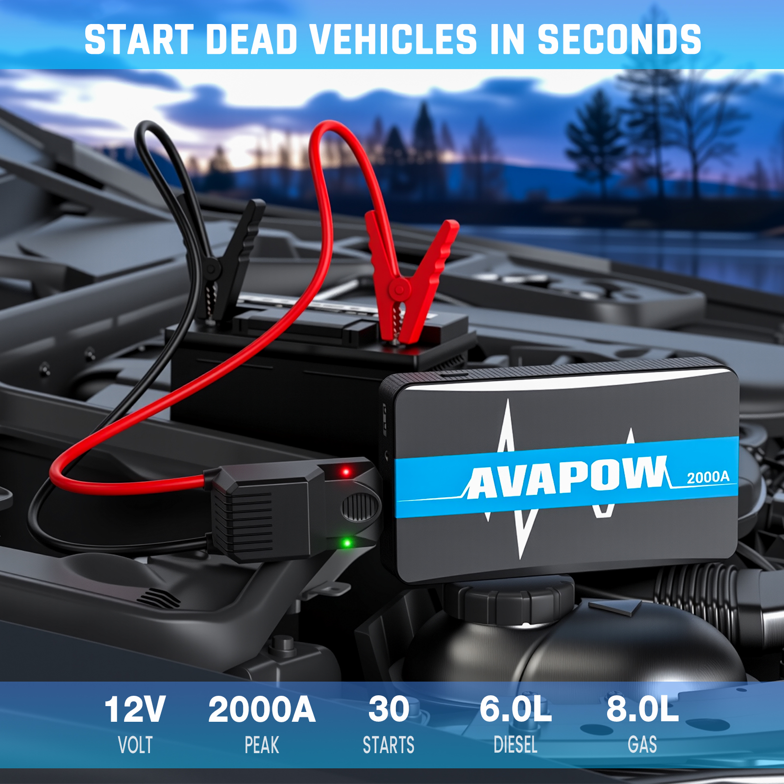 AVAPOW Car Jump Starter,2000A Peak 12V Battery Jumper Starter Portable(Up to 8.0L Gas & 6.0L Diesel Engines),12000mAh Jump Box Power Bank with Dual USB & LED Light