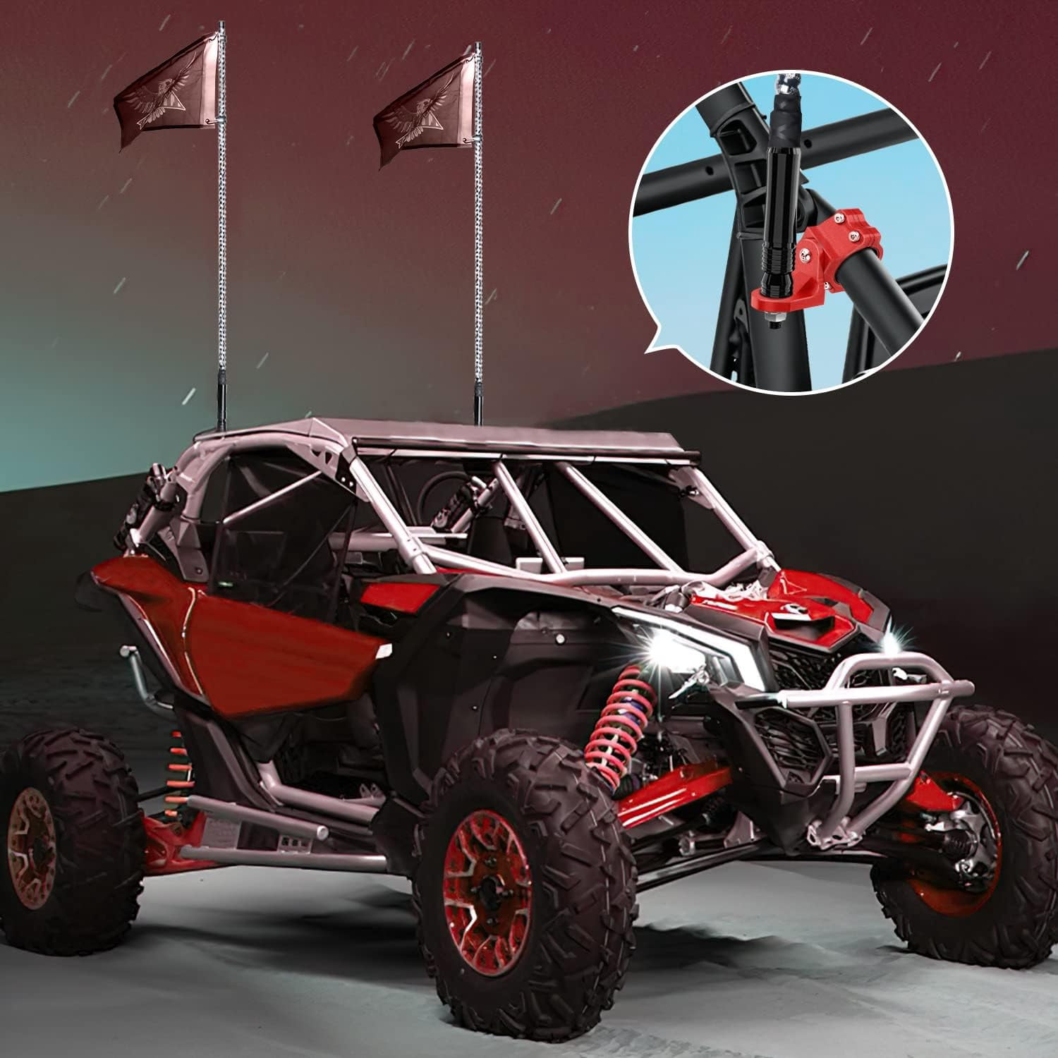 Nilight UTV Flag Antenna Mount Whip Light Mounting Bracket Red Adjustable Heavy Duty for 1.5 to 1.75inch 1.75 to 2inch for Polaris RZR Ranger Can Am Maverick X3 Talon, 2 Years Warranty