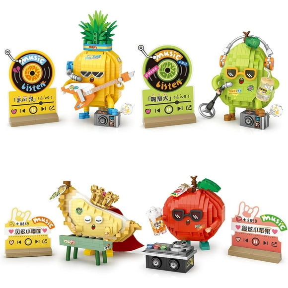 TRAHOO-Mini Fruit Party Building Blocks Set,Cute Fruit Rock Band Collection Construction Building Bricks Toy,Hip-hop Style Home Decor (4 in 1)