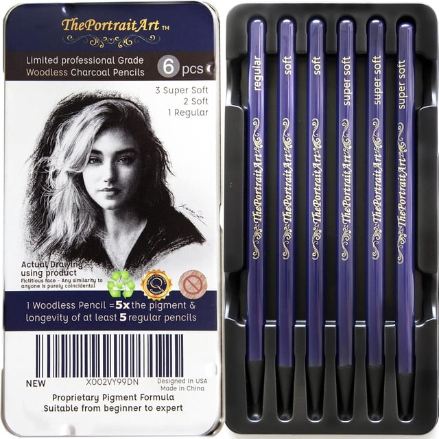 Lápices de carbón ThePortraitArt Artist sin madera, set de 6 piezas