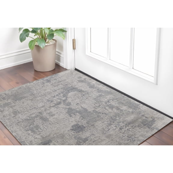 2' X 3' Gray and Silver Abstract Hand Woven Worn Faded Area Rug
