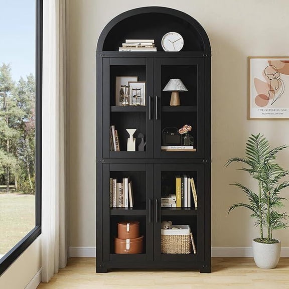 Black Arched Wooden Bookshelf with Doors Multi-Tier Display Cabinet Living Room Office Storage Bookcase
