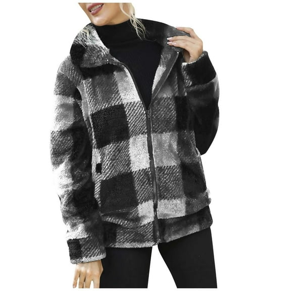 HAiming Fleece Coat for Women 2025 Trendy Plaid Lapel Long Sleeve Zip up Jacket Fall Winter Casual Warm Outerwear