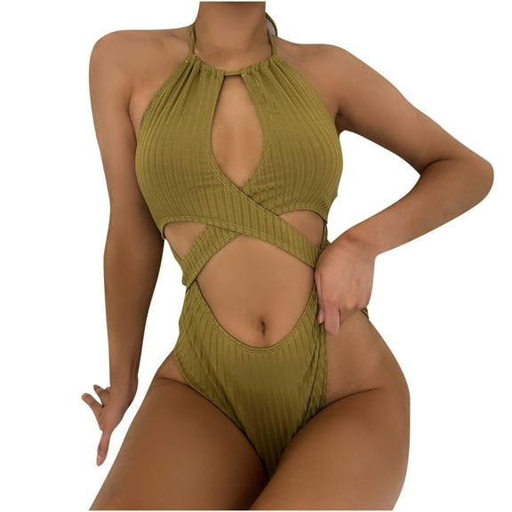 QLEICOM Womens Swimsuits Tummy Control Plus Size Swimsuit Coverup 2 Piece Set Solid Color High Waist Bikini Explosion Split Swimsuit Green S
