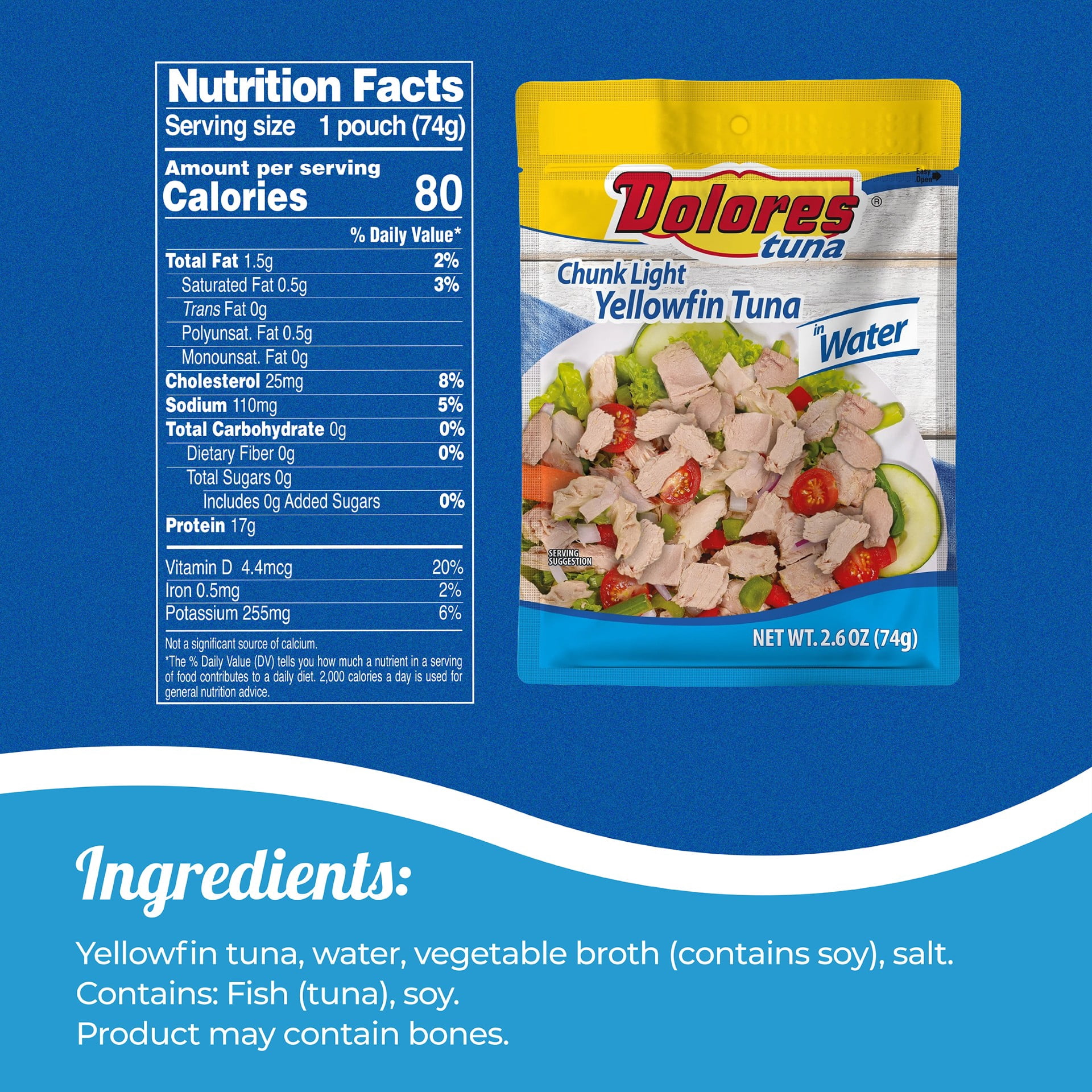 (6 pack) Dolores Chunk Light Yellowfin Tuna in Water, 17g Protein, 2.6 oz Pouch