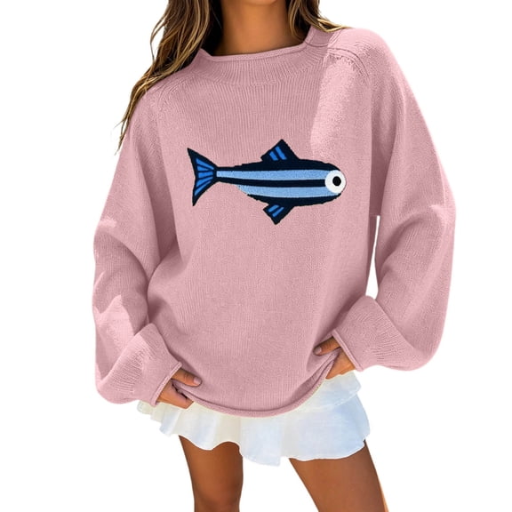 Women's Oversized Roll Neck Cute Fish Graphic Sweater Vintage Soft Knit Fabric Loose Jumpers Fall Pullover Sweater  (Pink L)