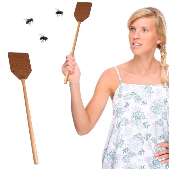 Matamoscas de cuero con mango largo de madera • Repelente de mosquitos tanto en exteriores como en interiores • Diseño aerodinámico • Fácil agarre y lazo colgado • 19,7 pulgadas