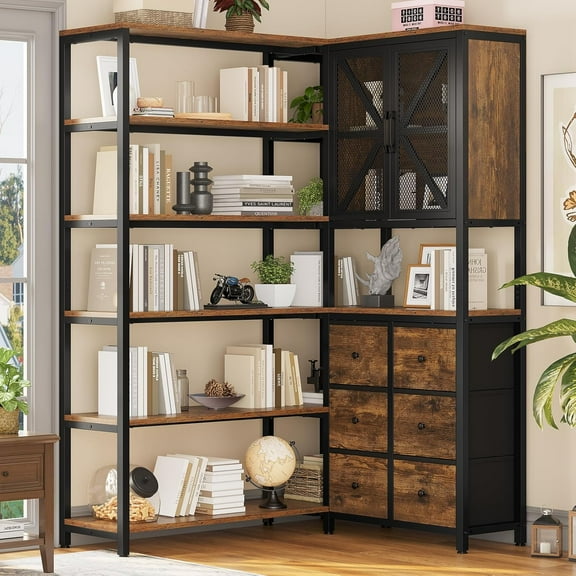 Corner Bookshelf, 6 Tier  Convertible Bookshelf with 6 Fabric Drawers, Corner Bookcase Large L Shaped Storage Display Shelf for Home Office, Living Room, Kitchen, Rustic Brown