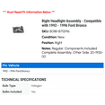 thumbnail image 2 of Right Headlight Assembly - Compatible with 1992 - 1996 Ford Bronco 1993 1994 1995, 2 of 2