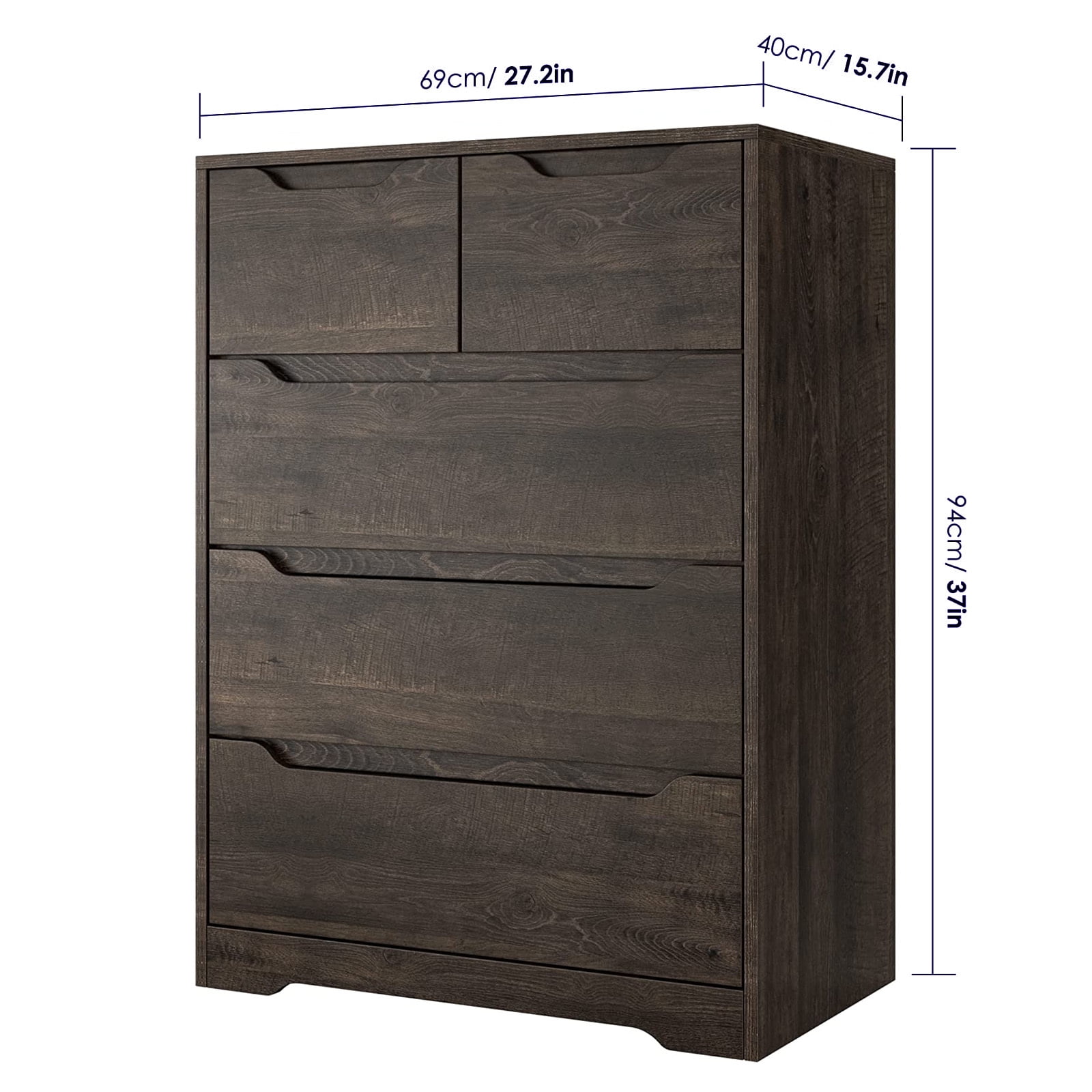 Homfa Dresser for Bedroom, Wood Storage Chest of 5 Drawers with Cutout Handles for Living Room, Dark Brown - 3