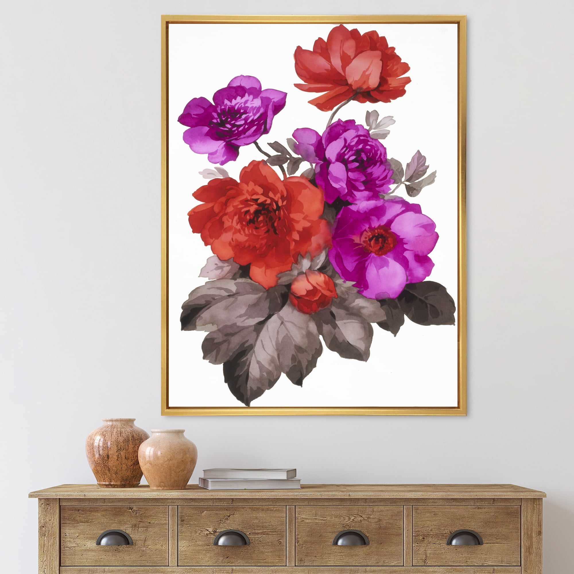 Designart 'Fuchia and Red Flowers' Traditional Framed Canvas Wall Art Print