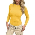 thumbnail image 3 of YMNXA Women's Top Long Sleeve Crew Neck Solid Color Ribbed Comfortable Stretchy Slim Fit Layering Tee For Casual Daily Wear,Yellow,S, 3 of 6