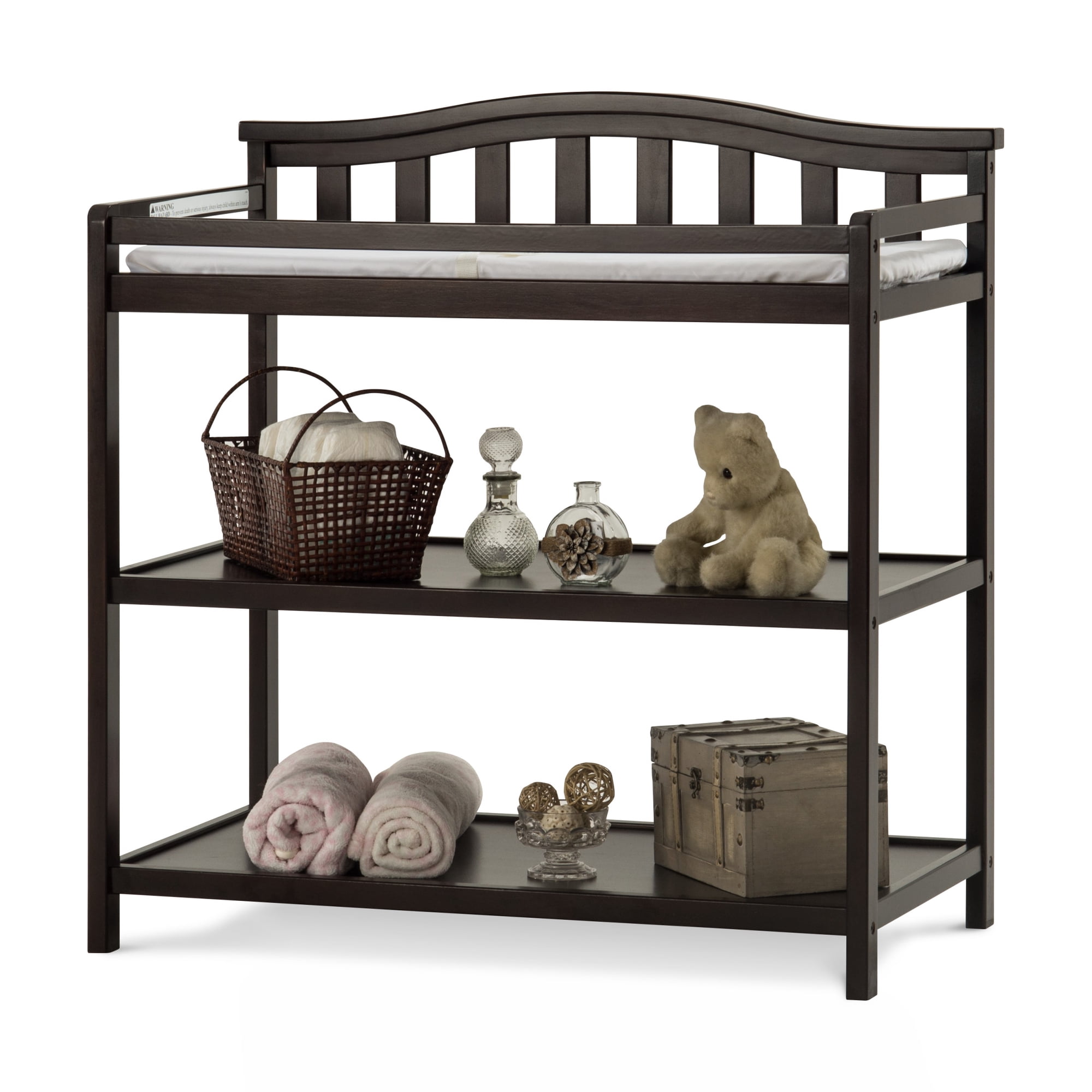 Child Craft Arch Top Changing Table with Pad & Safety Strap, 2 Storage Shelves, Anti-Tip Kit, Jamocha
