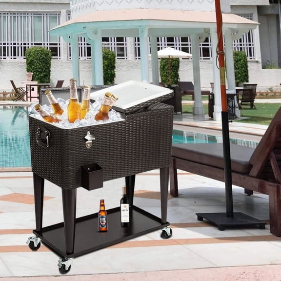 80 Quart Rattan Rolling Cooler Cart, Portable Wicker Cooler Trolley, Beverage for Patio Pool Party, Ice Chest on Wheels with Shelf, Bottle Opener, Party Bar Cold Drink Beverage Cart Tub, B472