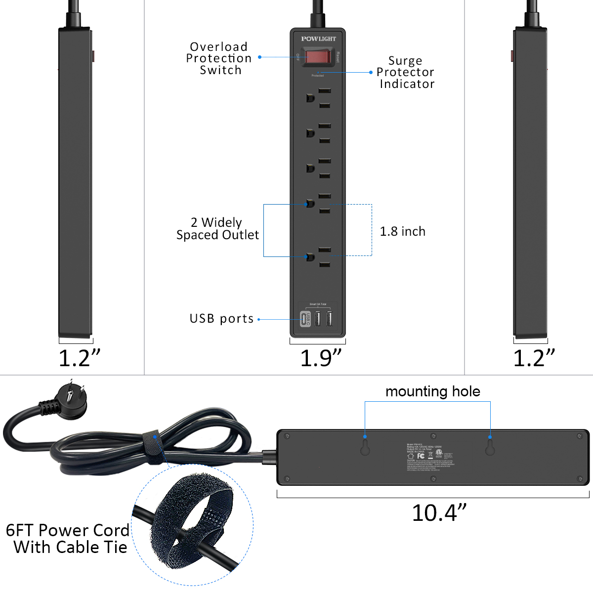 POWLIGHT 5-Outlet Surge Protector with USB-C Charging photo 6