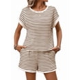 thumbnail image 3 of Women'S Summer 2 Piece Sets Striped Short Sleeve T Shirts and Shorts Loungewear Matching Set Khaki S, 3 of 9