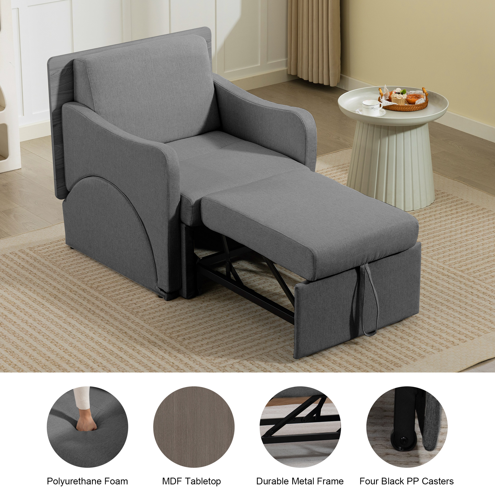 VNT 3-in-1 Convertible Sofa Bed Chair, Sleeper Chair with 6 Levels Adjustable Backrest & Pull Out Function for Living room, Apartment, Gray