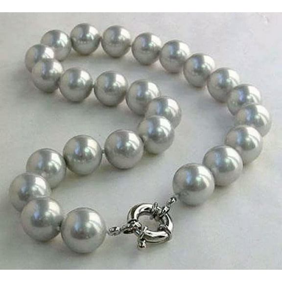 K-KED 10mm Silver Gray South Sea Shell Pearl Round Beads Necklace 18 Inches