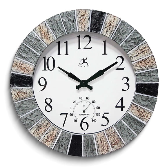 Faux Slate Stone Indoor and Outdoor Wall Clock with Thermometer
