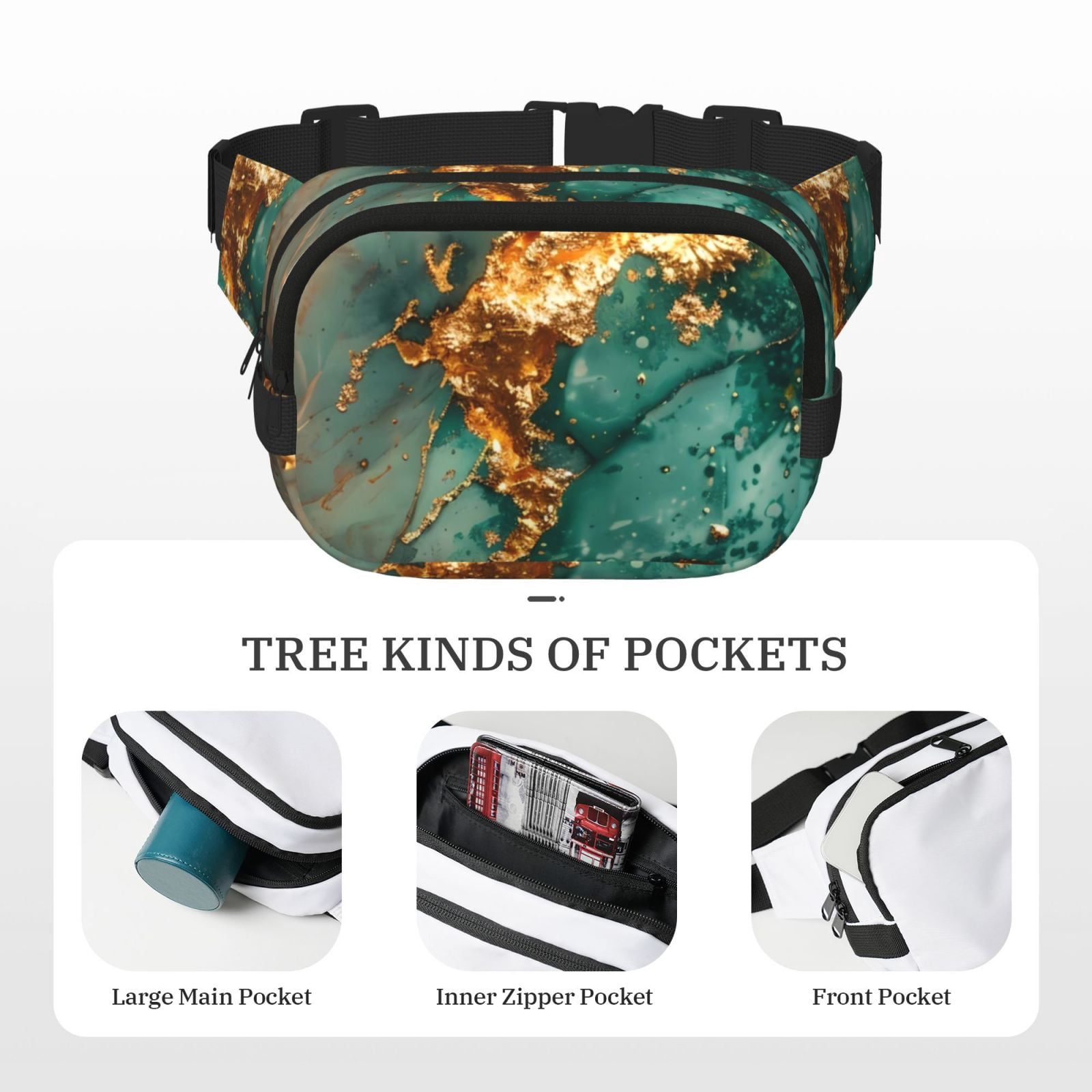 Kuqiui Emerald Color Gold Marble Print Fanny Packs for Women Cross Body Waist Bag Fashionable Fanny Pack Designer Workout Hiking Waist Pack Running Travel Gym