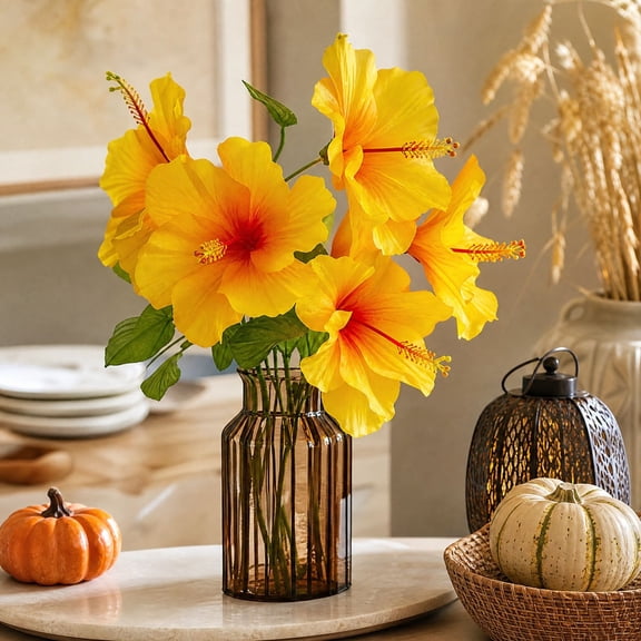 Artificial Silk Hibiscus Flower - Yellow Plastic Flower for Vase, Table, and Wedding Decor