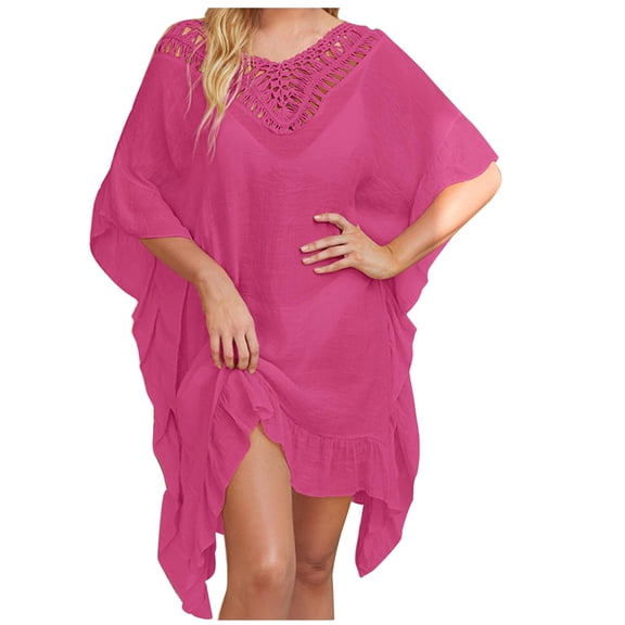 Summer Clearance Sale! TMOYZQ Womens Plus Size Chiffon Ruffle Hem Boho Swimsuit Coverup Oversized Loose Bikini Dress Beach Cover Ups Swimwear Bathing Suit Cover Ups