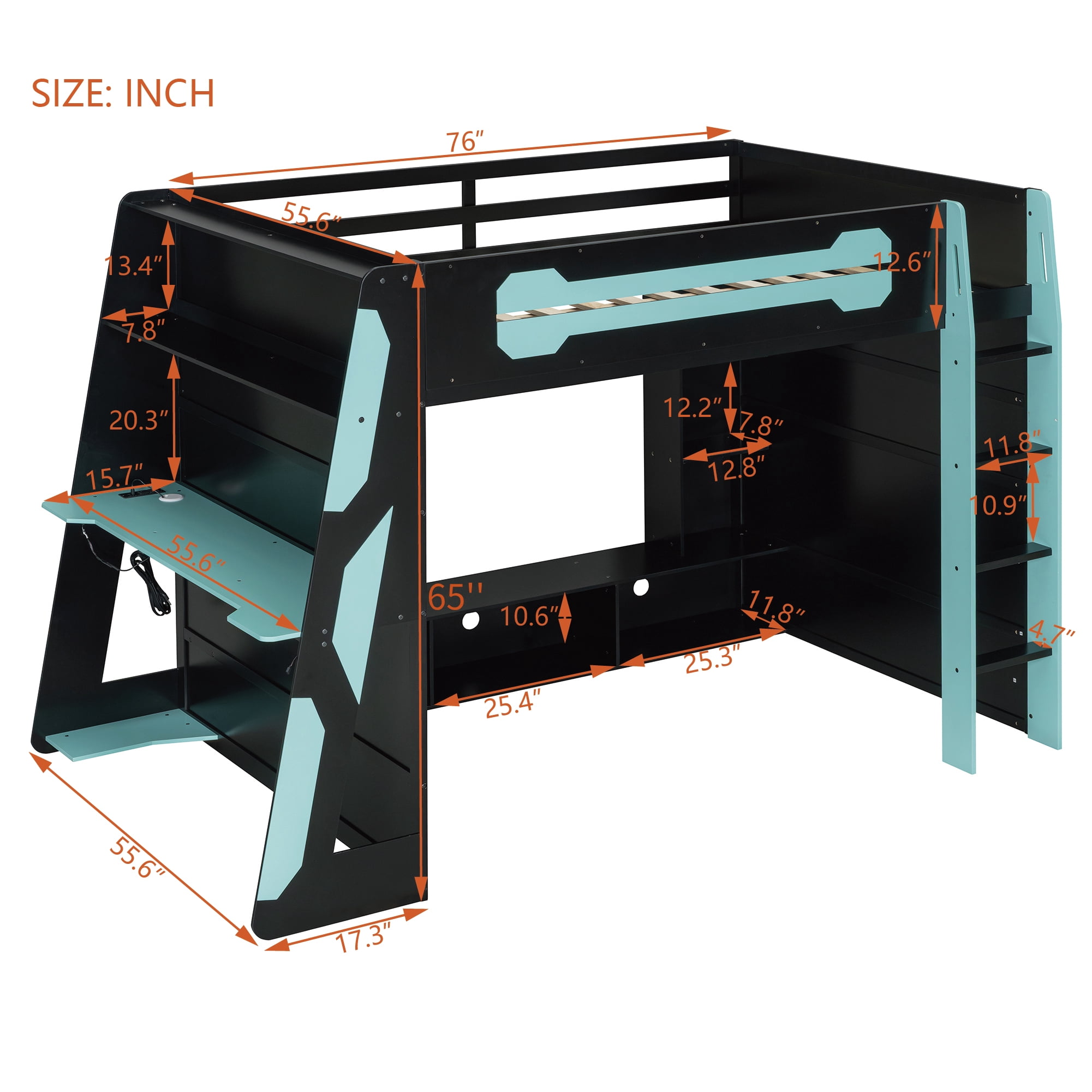 Aukfa Full Size Gaming Loft Bed for Teens, Wood Esports Bed Frame with Desk, LED Lights, Charging Station & Storage Shelves, Blue