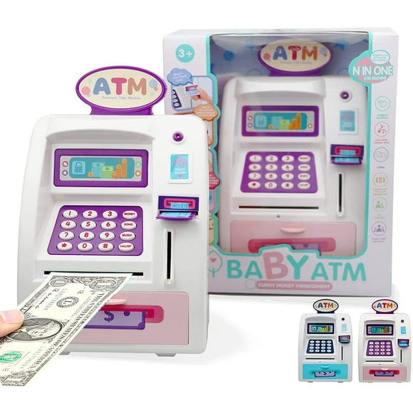 ATM Piggy Bank for Boys, Mini ATM Piggy Bank for Real Money, Electronic Savings Bank for Kids with Card, Bill Feeder, Coin Reader, Safe Box for Kids, Educational Toys Great Gift for Children