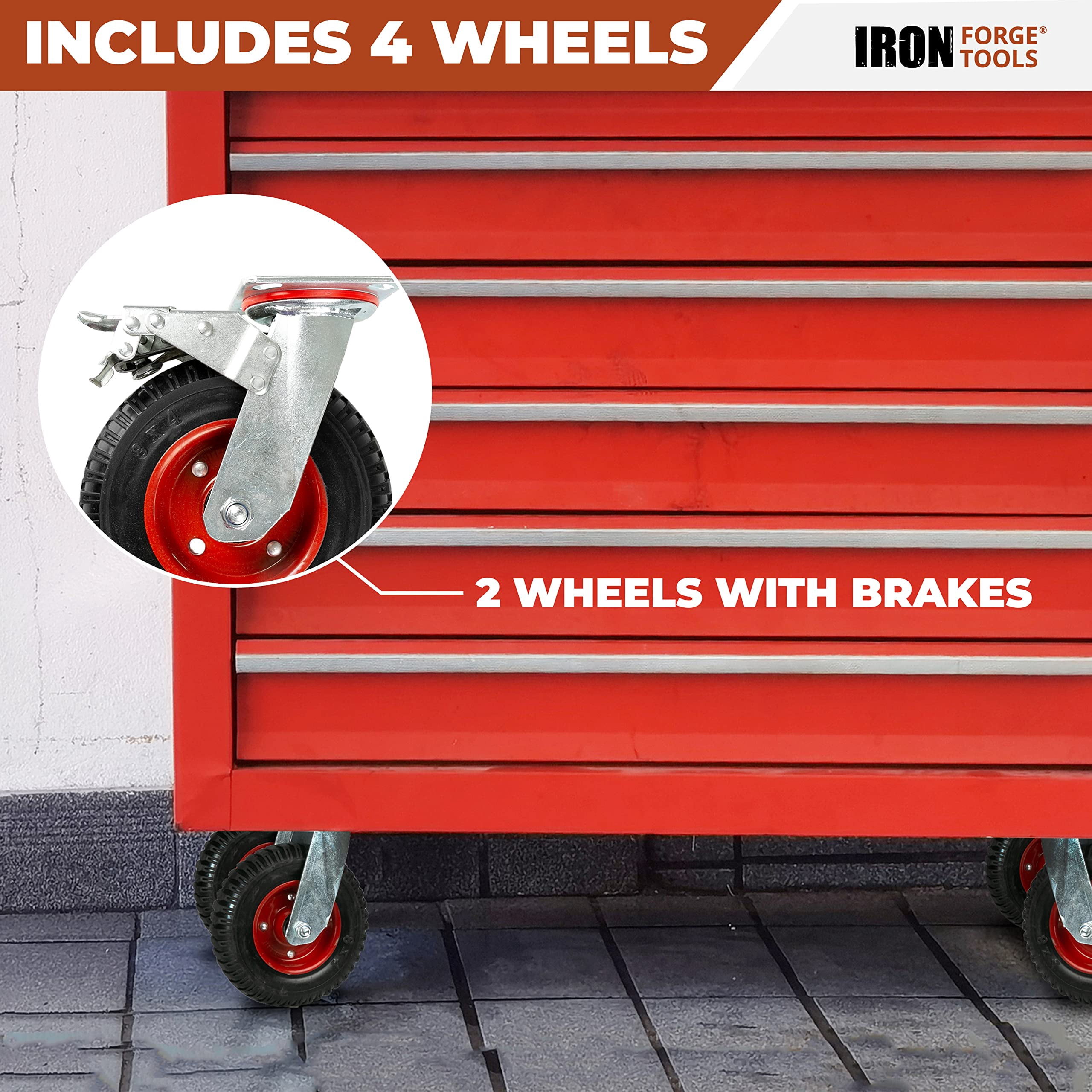 Iron Forge Tools Heavy Duty Swivel Knobby Caster, 7-7/8" Diameter, Set of 4 Flat-Free Solid Rubber Knobby Tread Caster Wheels, with Swiveling Bases, Two Casters with Brakes and Two Without