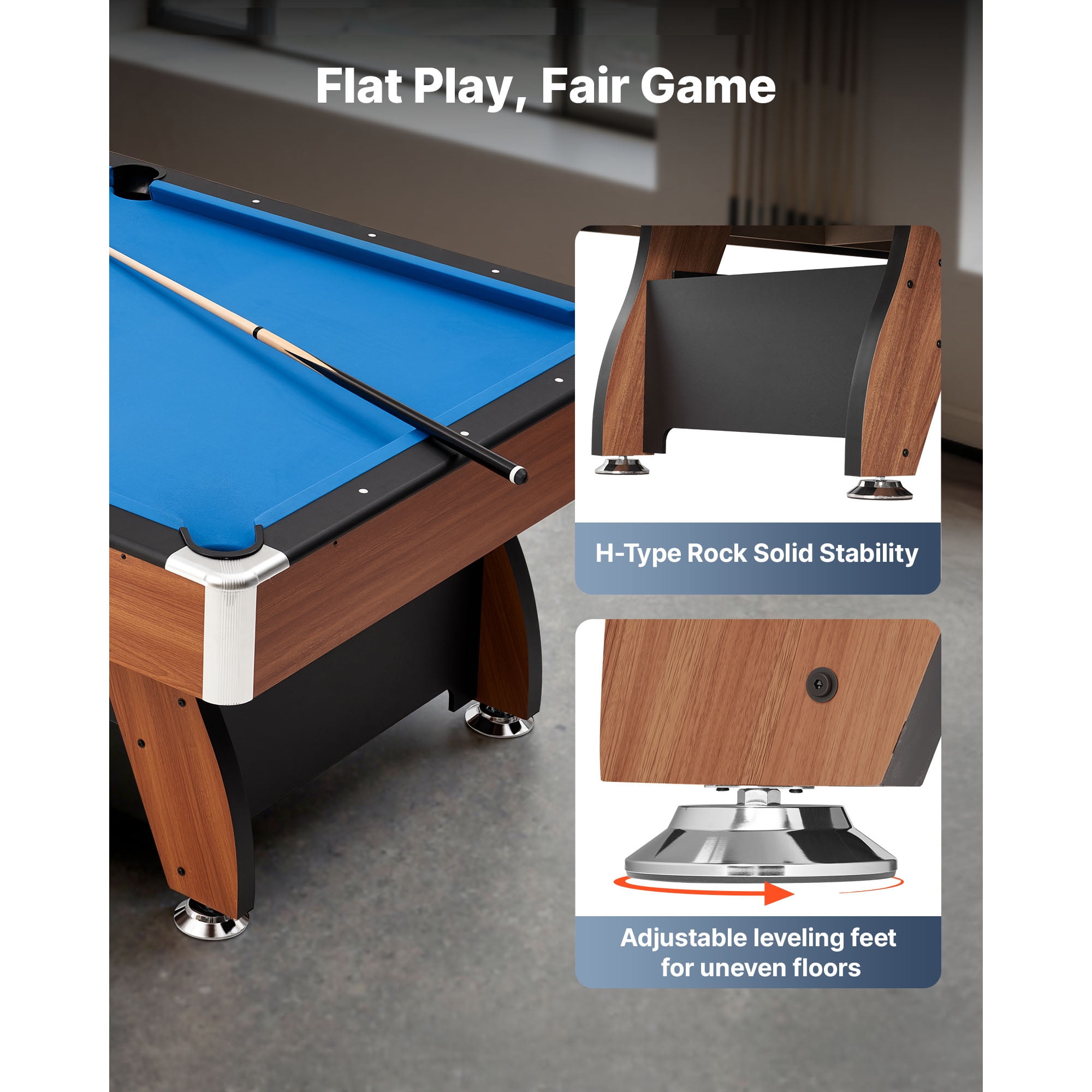 KFFKFF 8 ft Portable Billiards Table with Wood Finish, Adjustable Feet, Includes Balls, Cues, Rack, Chalks, Brush, and Blue Cloth, Ideal for Family Fun and Recreation Rooms