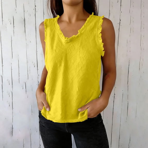 ClodeEU Women's Linen Blend Sleeveless Crewneck Top with Fringe Patchwork ,Solid Color Casual Tank Yellow,Womens Plus XXXL