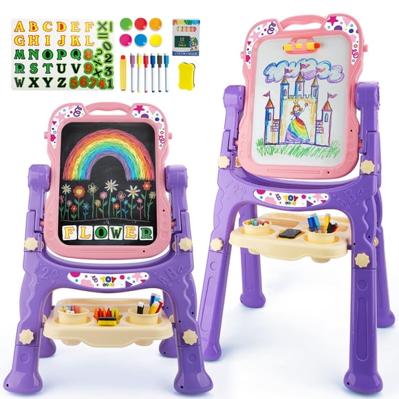 TOY Life Chevalet pour Tout-Petits pour Filles, Chevalet Artistique Réglable Double Face avec Accessoires de Peinture pour Fillette de 2 à 4 Ans, Dessin Magnétique Rotatif