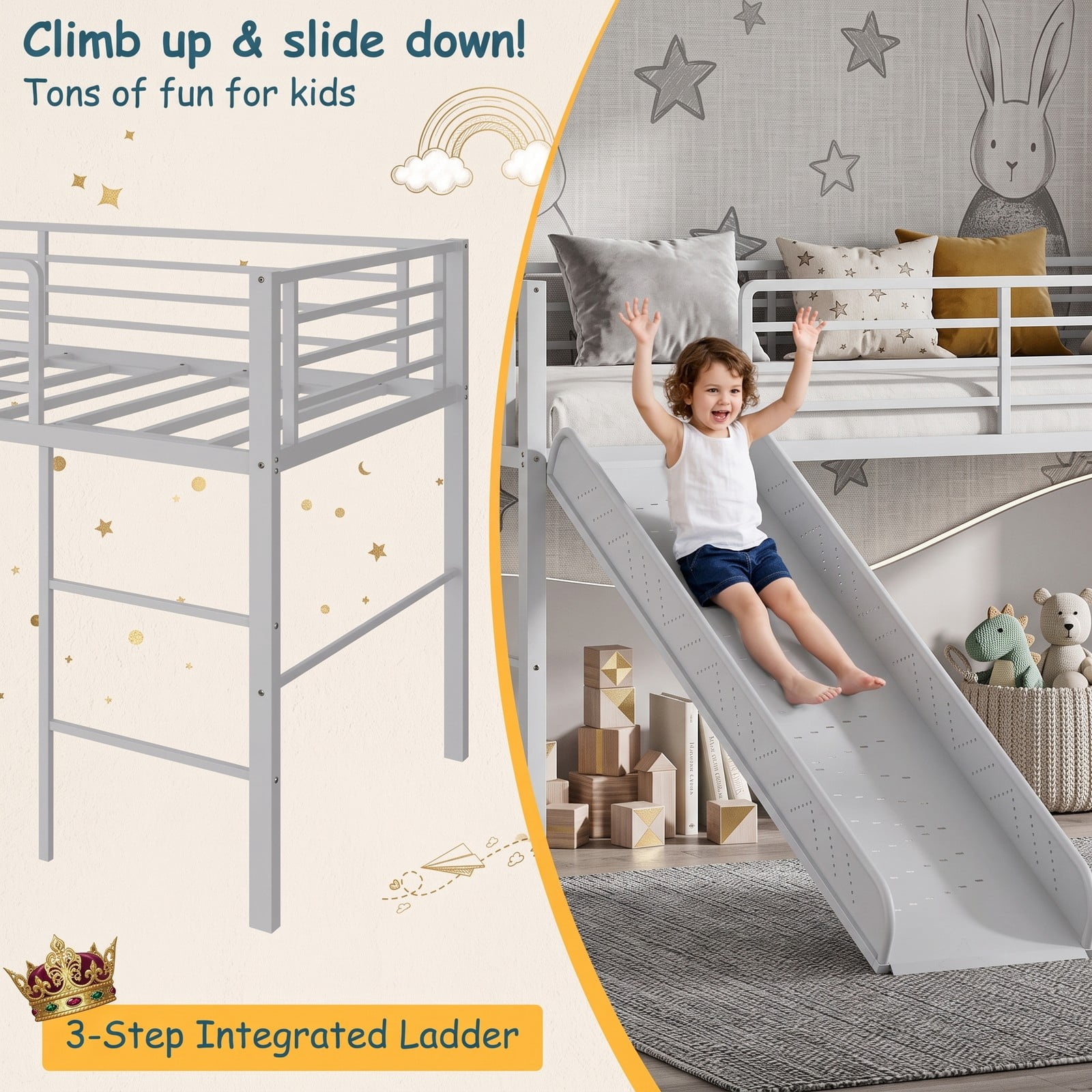 Furnibear Twin Metal Loft Bed with Slide and Built-in Ladder for Kids and Teens Bedroom, Space-Saving Loft Bed Frame with Guardrails, Silver