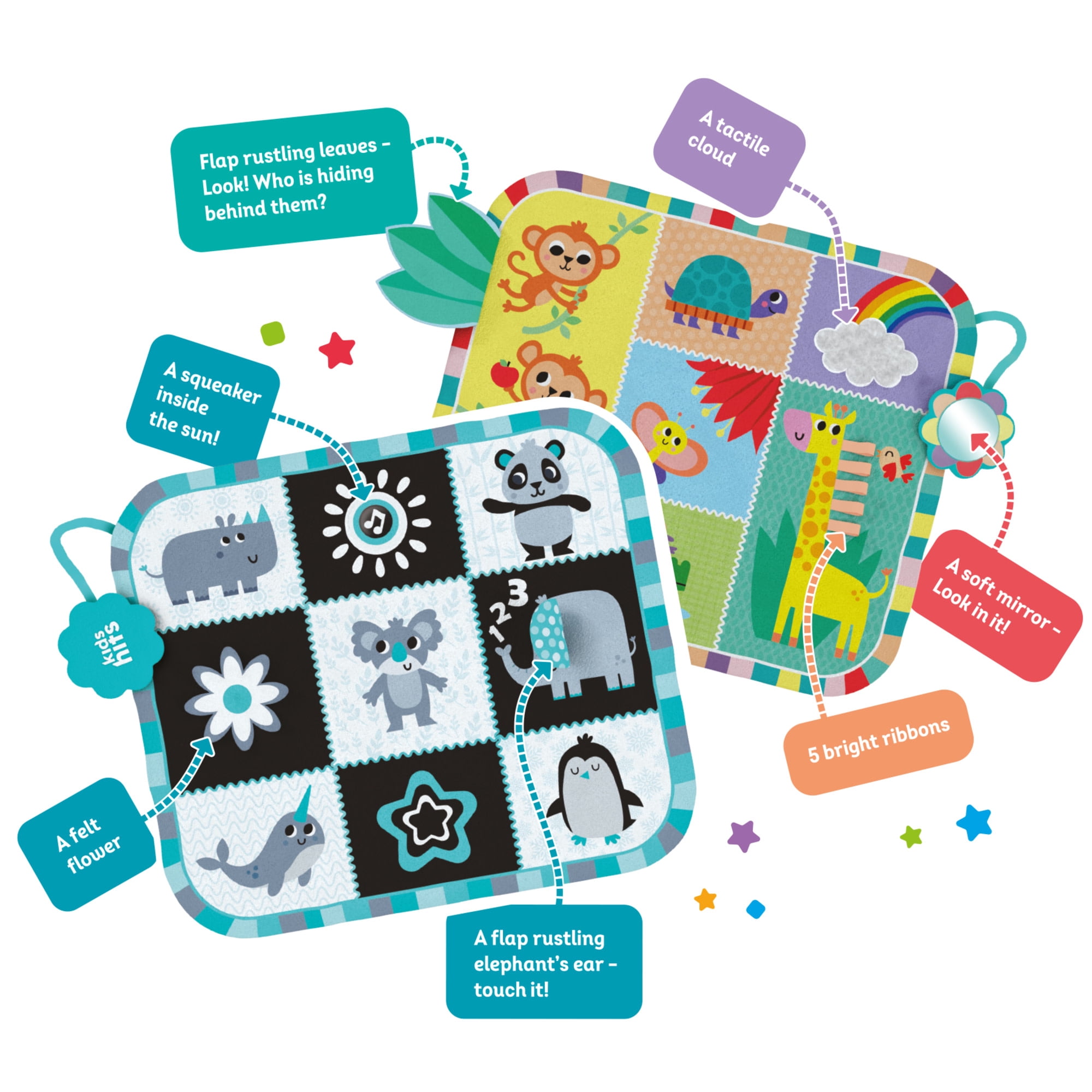Kids Hits: Two-Sided Play Mat - My First Animals - 2-In-1 Reversible Sensory Floor Pad, Mirror-Ribbons-Squeaker, Tactile Touch Toy, Baby-Toddler 3Mo+