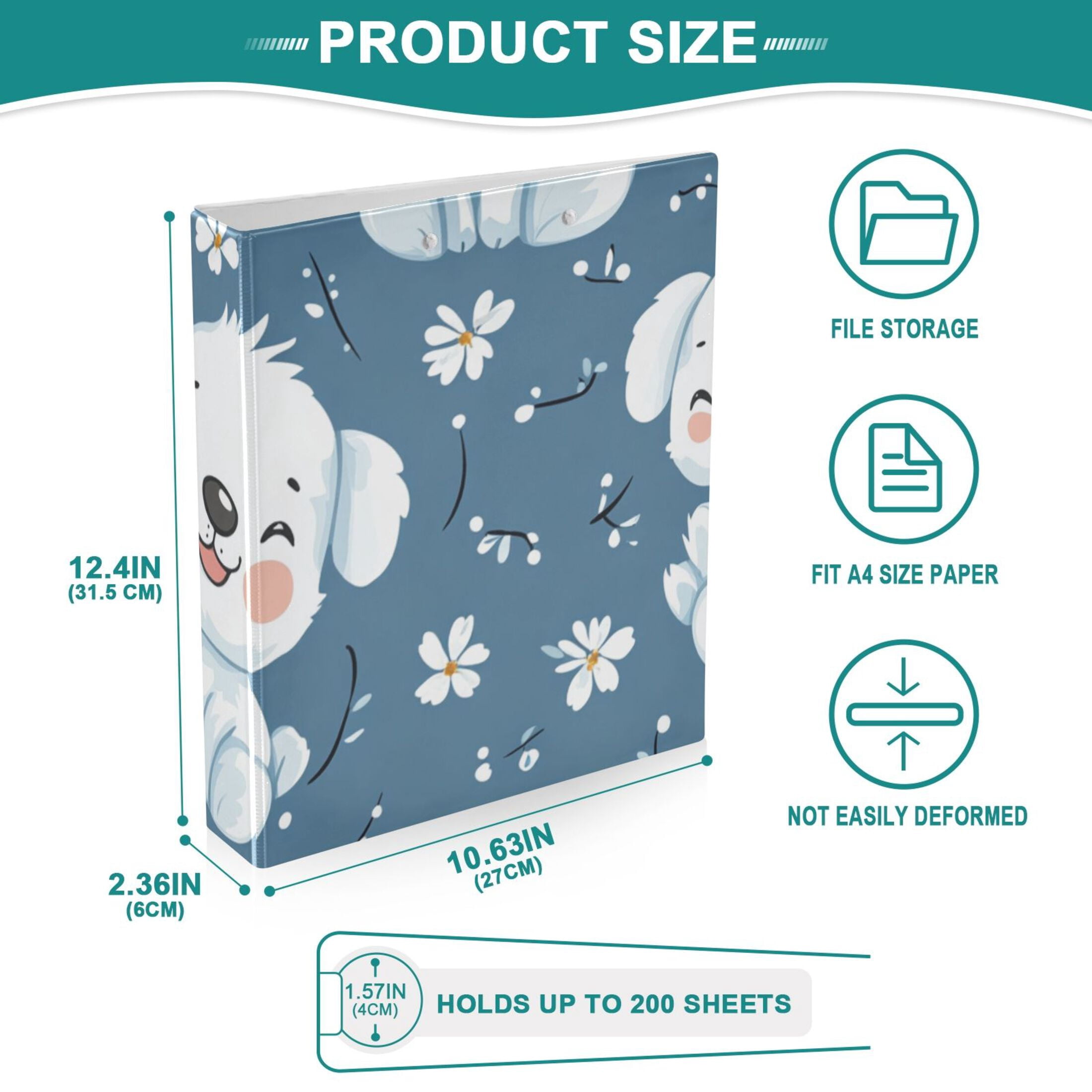 White Puppy Flowers 3 Ring Binders 1.5 inch Hardcover File Folders with Interior Pockets A4 Size Organizer for School Office Hospital Set of 2