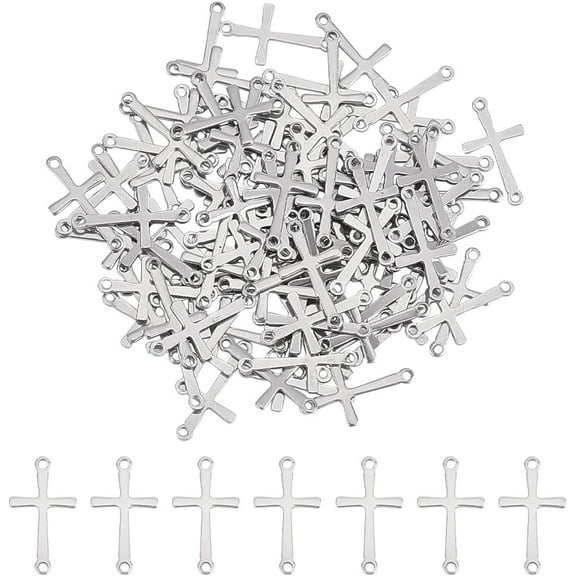 100Pcs 201 Stainless Steel Connector Charms 17x9.5x0.7mm Laser Cut Cross Charms Small Cross Charms with 1.2mm Hole Stainless Steel Color