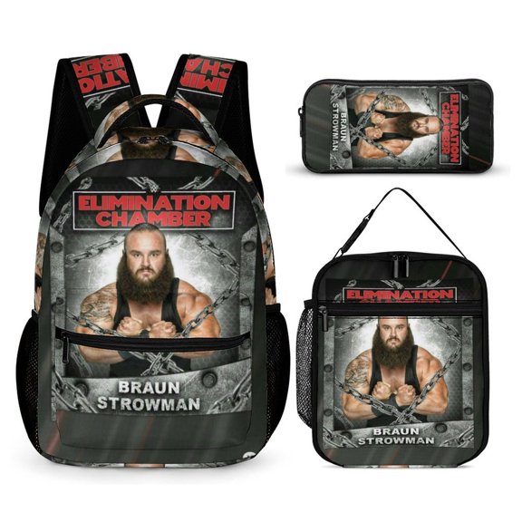 3-PieceW-W-E Braun Strowman Large Capacity Anime Backpack with Lunch Bag & Pen Case | Casual Schoolbag for Travel, Outdoor, Fashion Daypack