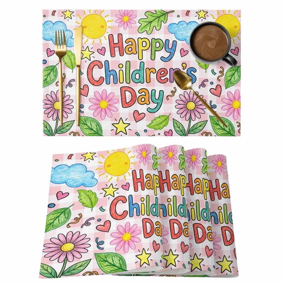 Children's Day Placemats Set of 6 Cartoon Cute Flowers Leaf Pink Plaid Place Mats Indoor Wipeable Table Mats Washable Cloth Dining Table Placemats for Kitchen Holiday Party Home Decor 13x19 Inch