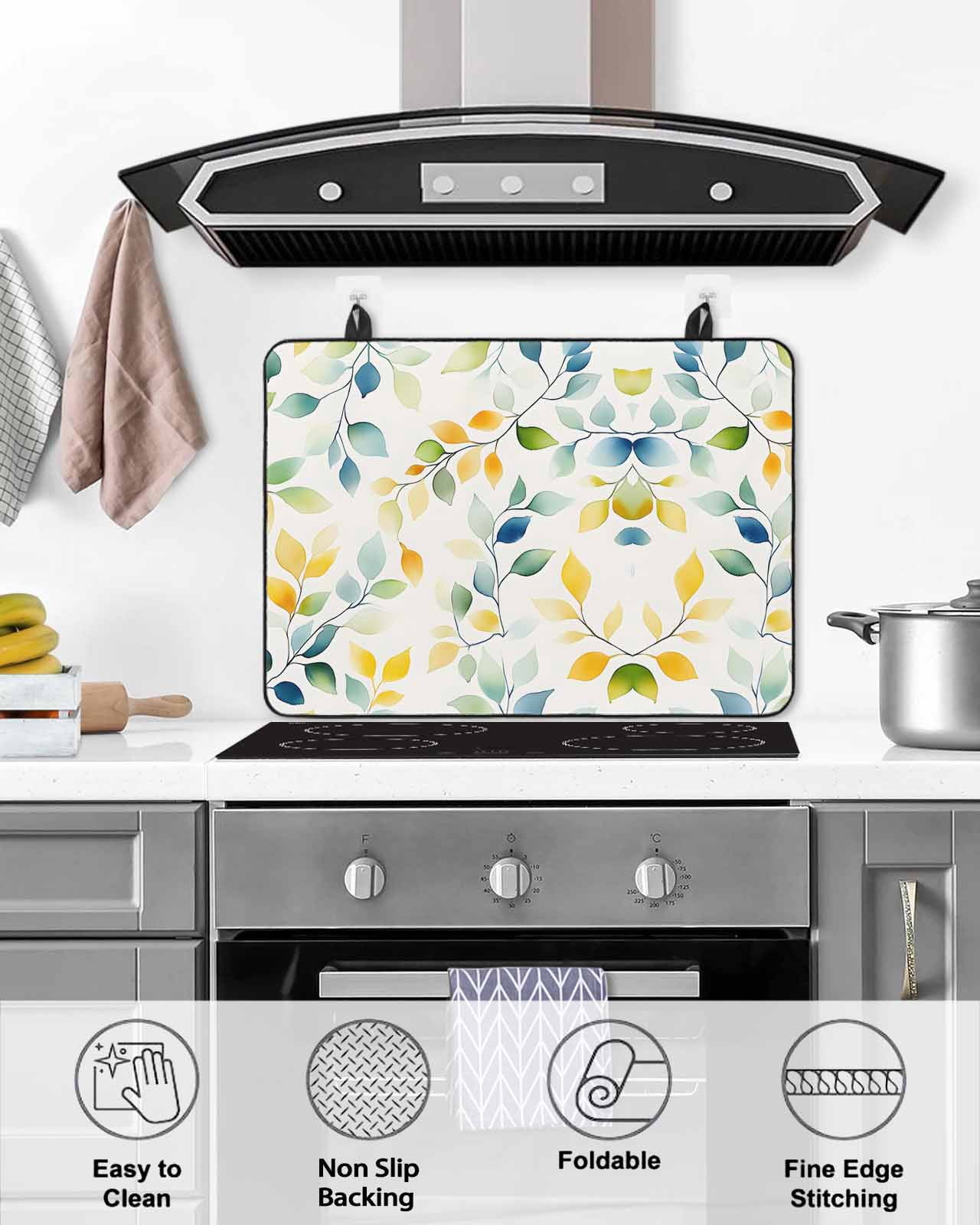 nqOlkjepod Large Induction Cooktop Protector Mat 24"x21", Spring Leaves Stove Top Covers for Electric Stove, Colorful Botanical Eucalyptus Vines Plants Stove Burner Cover Mats, Glass Top Stove Cover