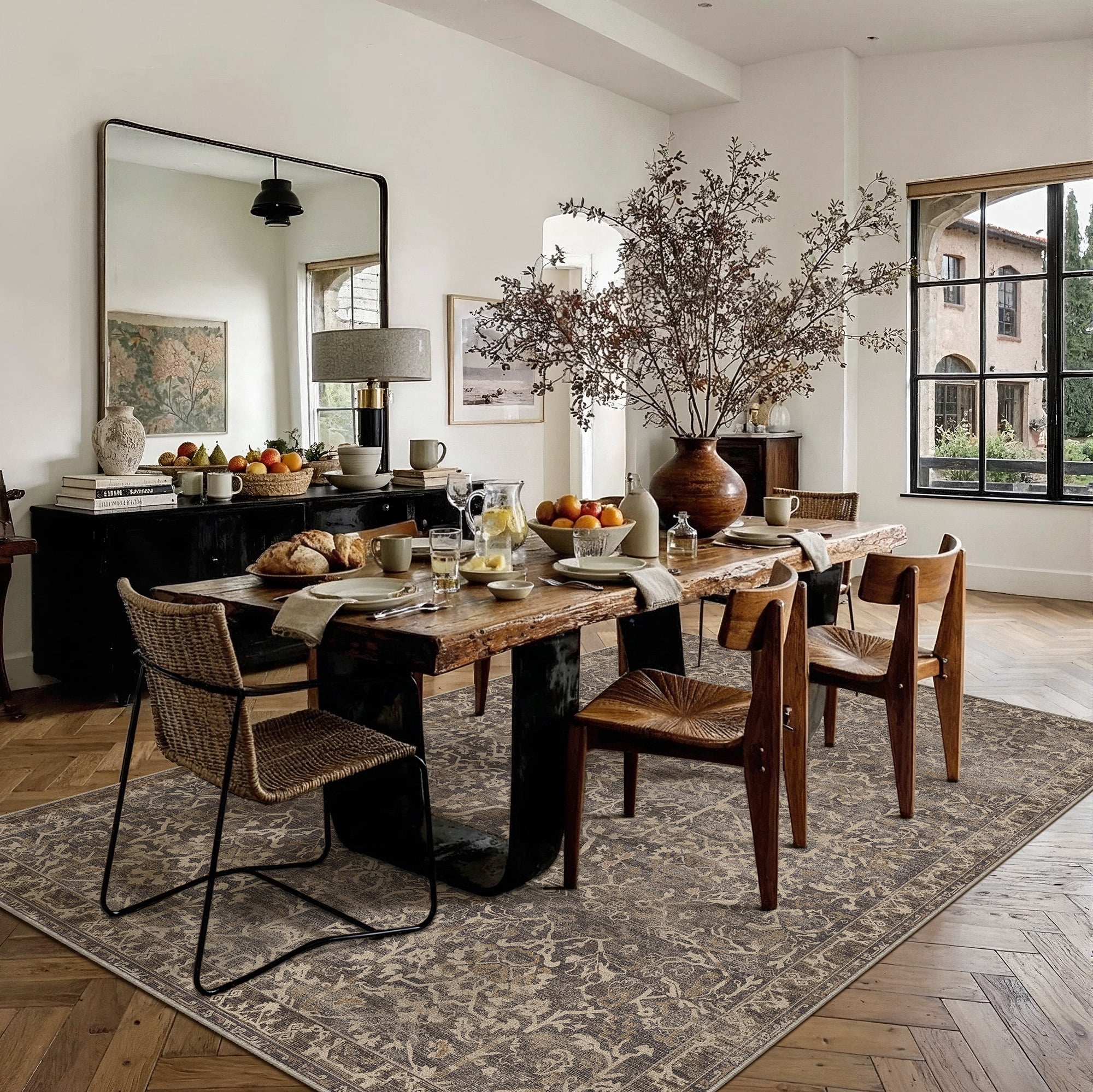 BERTHMEER 8'x10' Area Rugs for Living Room Bedroom Vintage Brown Carpets Kitchen Office Machine Washable Farmhouse Dining Room Oriental Rugs Non Slip Traditional Distressed Rugs