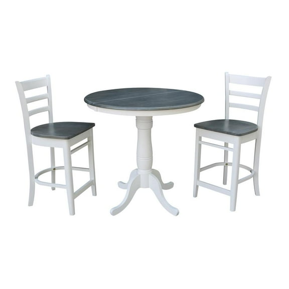36" Round Solid Wood Extension Dining Table With 2 Emily Counter Height Stools in White/Heather Gray by International Concepts