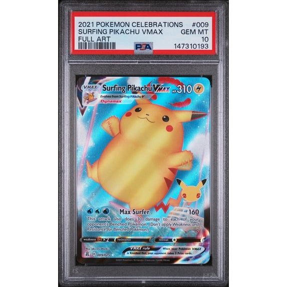 Graded 2021 Pokemon Celebrations Surfing Pikachu VMax #009 Full Art Trading Card Game PSA 10 Gem Mint