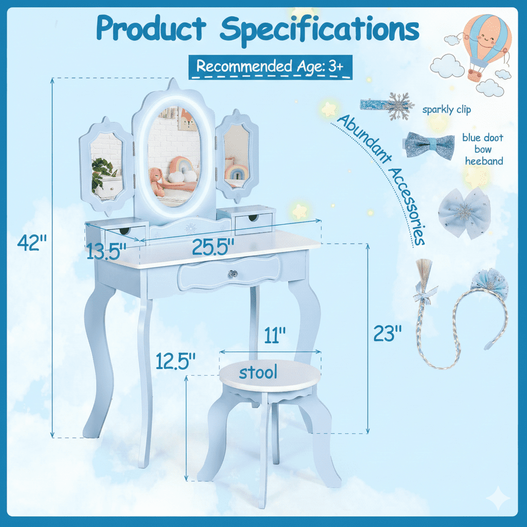 BRINJOY Kids Vanity Set with 2-in-1 Wooden Makeup Table and Stool Table Set, Blue