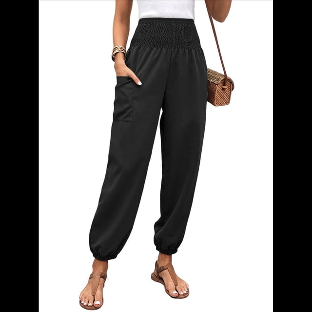 Pantalones de Trabajo Bohemios de Verano para Mujer, Informales, Plisados, Elásticos, de Cintura Alta, Anchos y con Bolsillos. Negro XL