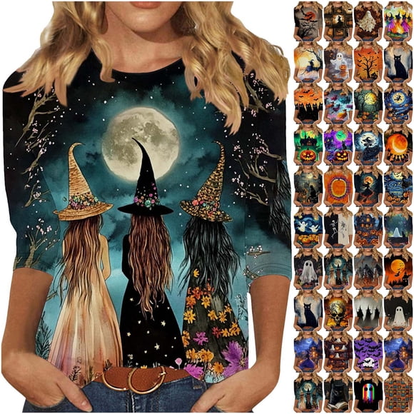 VKOYWKM 3/4 Sleeve Tops for Women Halloween Witch Graphic T Shirt Crew Neck Loose Party Tops Halloween Spooky Clothes