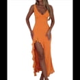 thumbnail image 3 of Vestido de Cóctel para Mujer, Maxivestido Informal Ajustado con Escote en V, Sin Mangas, de con Dobladillo con Volantes, Espalda Descubierta y Abertura Alta. Color Naranja S, 3 of 8
